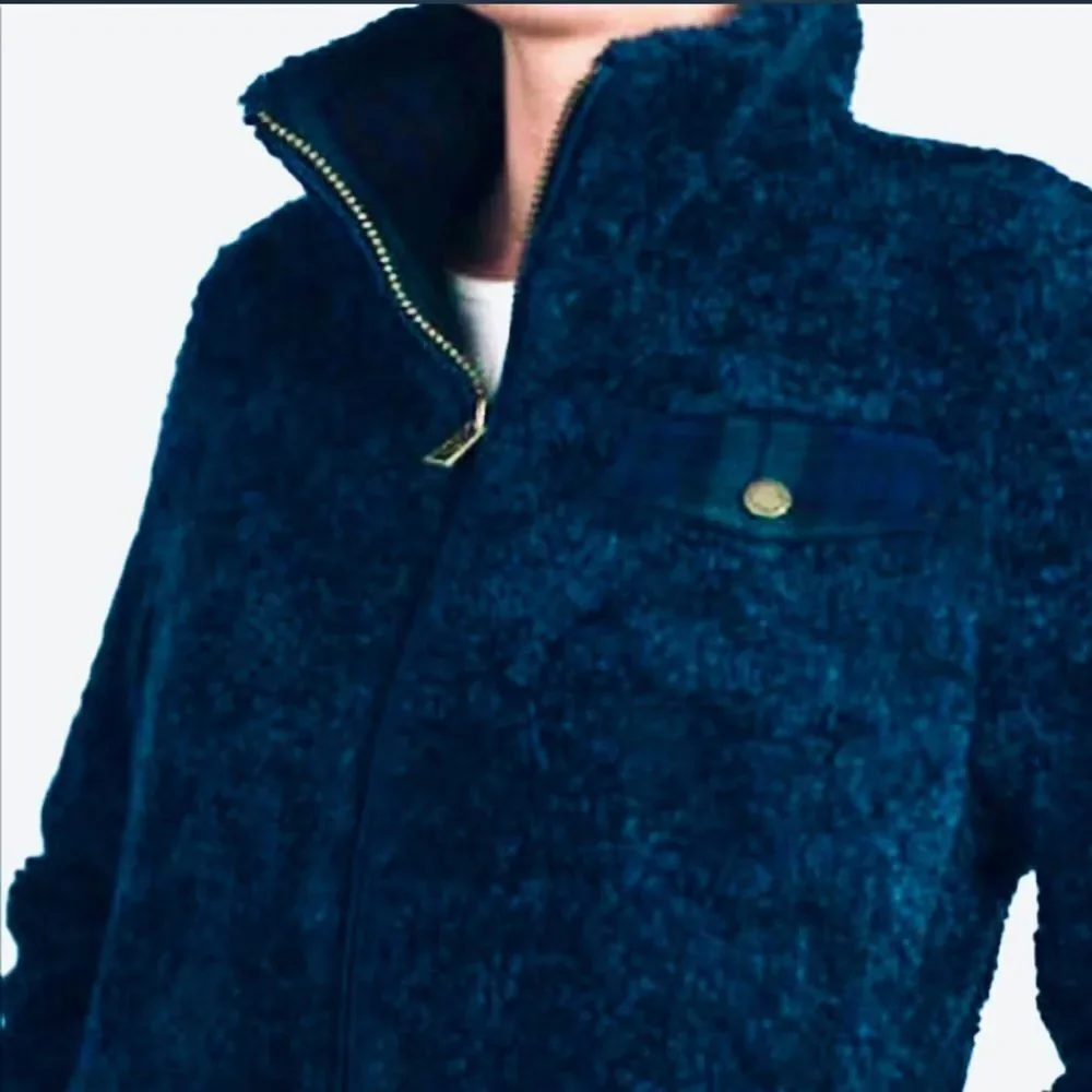 PENDLETON Coat Navy Blue Full Zip Teddy Jacket Wool Plaid Flannel Accents XL